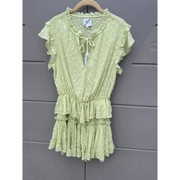 Misa Lilian Tiered Honeydew Ruffle V-Neck Clip Dot Mini Dress Size XS  coquette - Picture 2 of 15